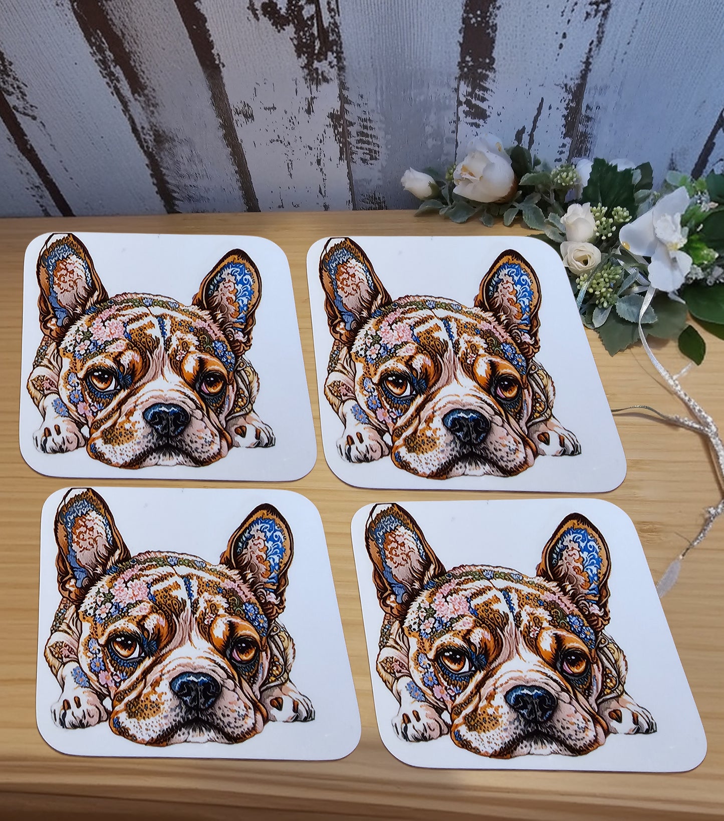 Glasuntersetzer oder Tassenuntersetzer mit Wunschmotiv hier eine Bulldogge