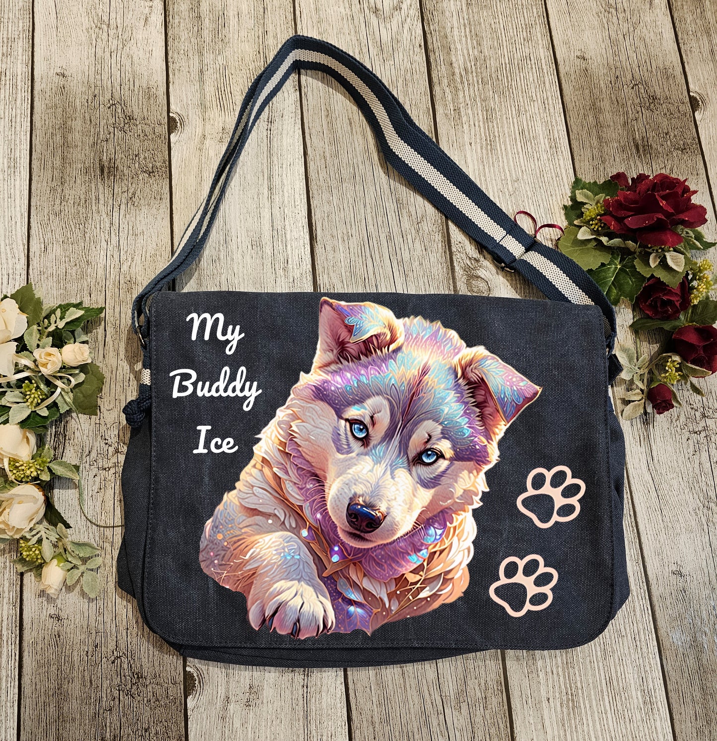 Umhängetasche mit Wunschmotiv Hunderasse und Wunschtext personalisiert als Geschenkidee durch die Pfötchenboutique