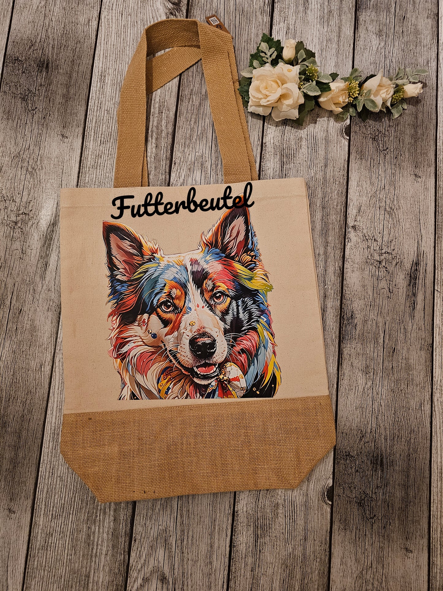 Jutebeutel mit Hunderasse Wunschmotiv und Wunschtext personalisiert durch die Pfötchenboutique hier Husky