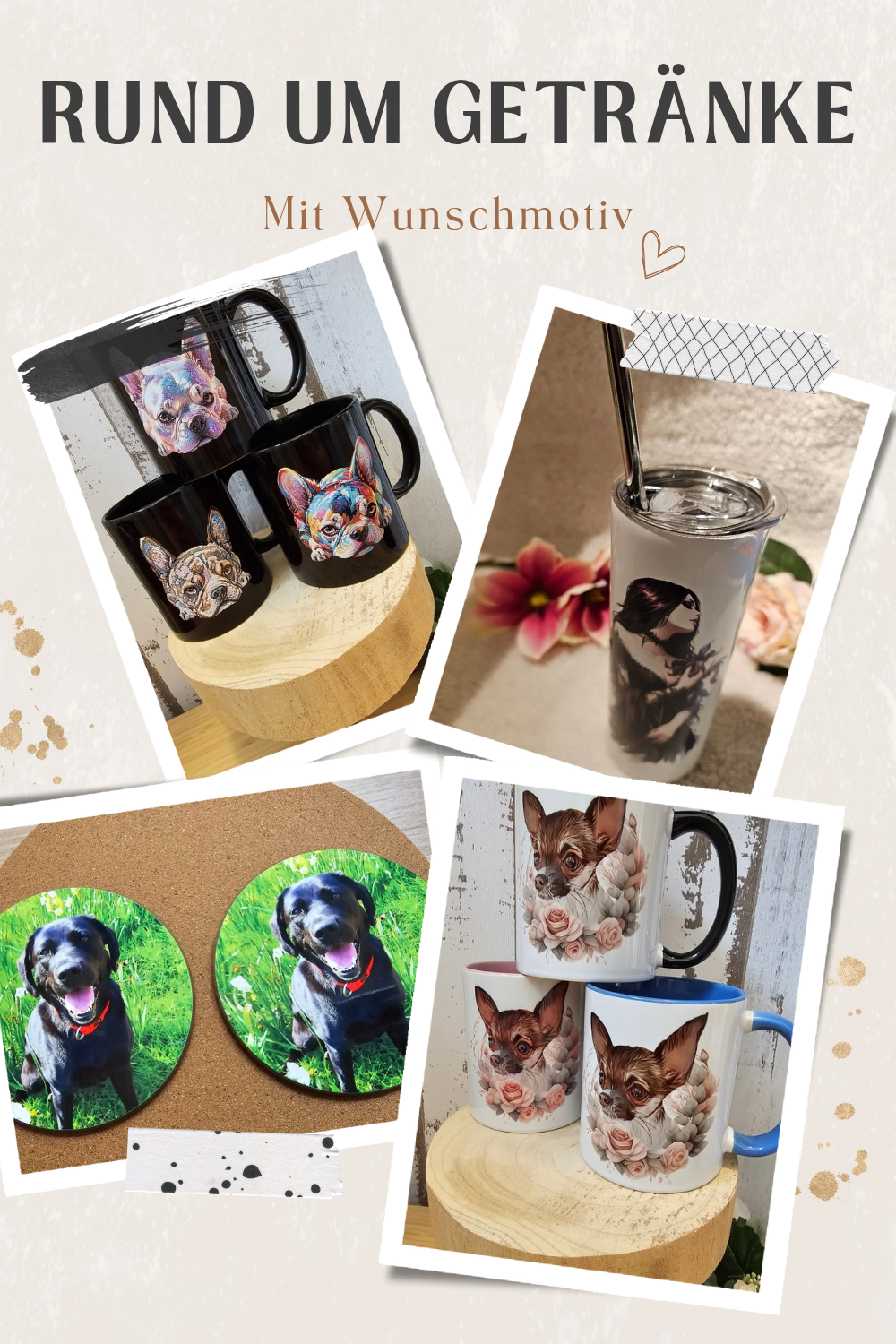 Tumbler, Tassen und Untersetzer mit Hundemotiv und personalisiertem Namen durch die Pfötchenboutique