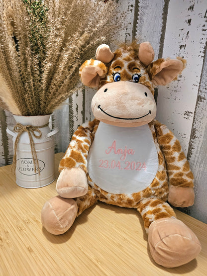 Besticktes Stofftier mit individuellem Sticktext Kuscheltier personalisierbar , Giraffe