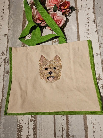 Bestickte Jutetasche mit verschiedenen Hundemotiven, hier ein Yorkshire Terrier der Pfötchenboutique
