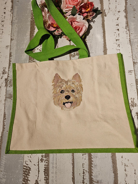 Bestickte Jutetasche mit verschiedenen Hundemotiven, hier ein Yorkshire Terrier der Pfötchenboutique