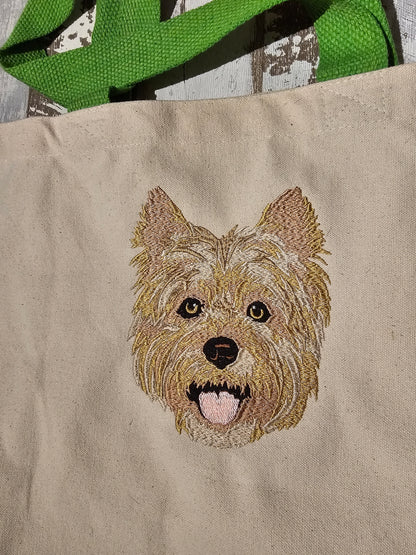 Bestickte Jutetasche mit verschiedenen Hundemotiven, hier ein Yorkshire Terrier der Pfötchenboutique