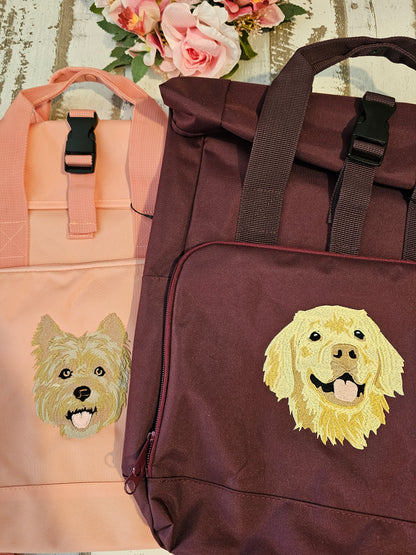Rolltop Rucksack bestickt mit Hundemotiv nach Wahl von der Pfötchenboutique