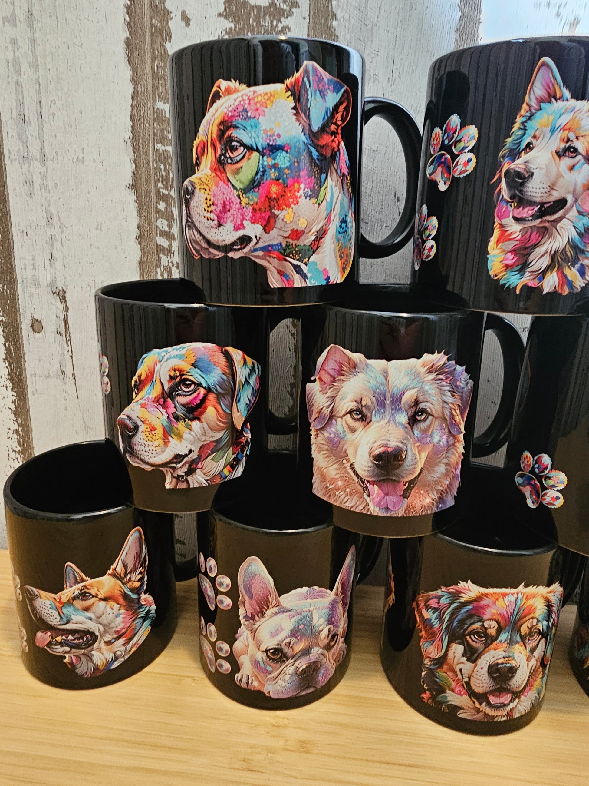 Wunderschöne schwarze Tassen mit Wunschmotiv Hund oder Katze designed von der Pfötchenboutique