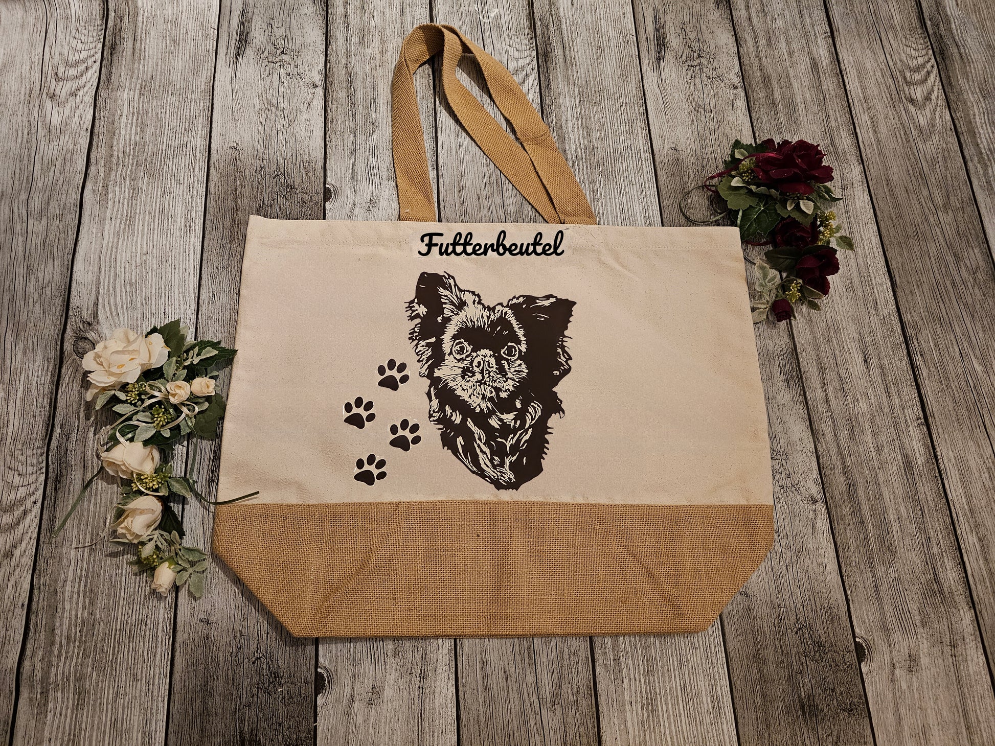 Jutebeutel mit Hunderasse Wunschmotiv und Wunschtext personalisiert durch die Pfötchenboutique ier Chihuahua