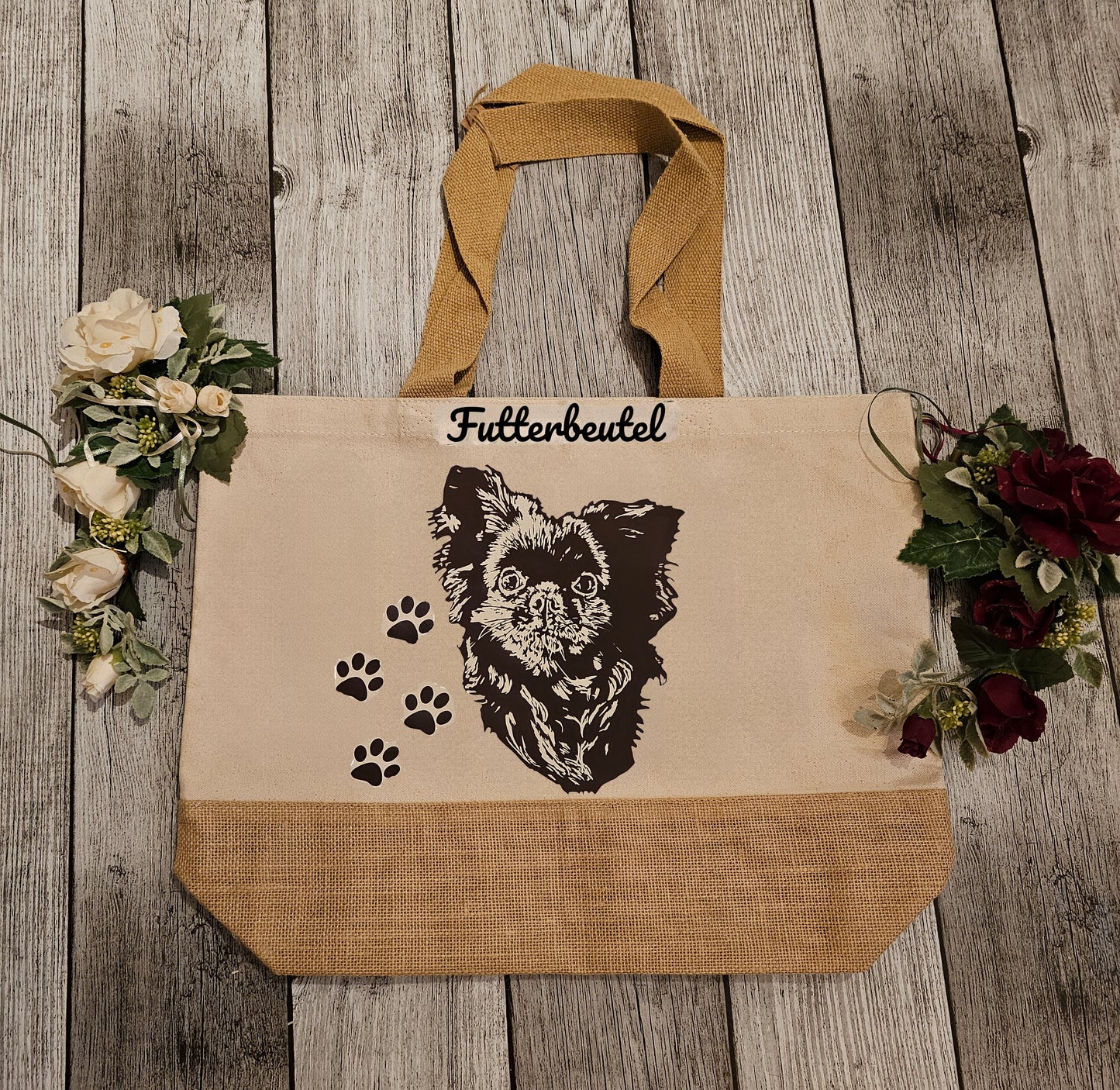 Jutebeutel mit Hunderasse Wunschmotiv und Wunschtext personalisiert durch die Pfötchenboutique hier Chihuahua