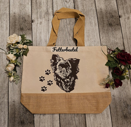 Jutebeutel mit Hunderasse Wunschmotiv und Wunschtext personalisiert durch die Pfötchenboutique hier Chihuahua